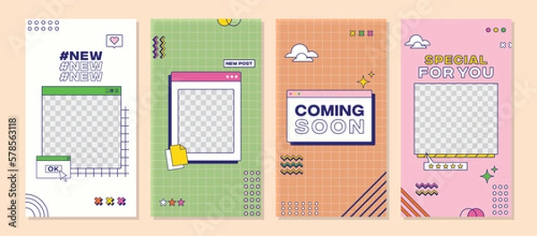 Obraz 
set 90s Instagram Story Collection icon and
Illustration of Colorful Background for Social Media Post with Collection of Memphis Style Templates And Geometric Patterns. 