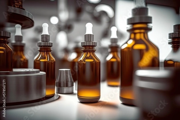 Fototapeta Close-up of Brown Bottles in Pharmacy Lab. Photo generative AI