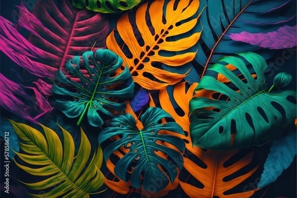 Fototapeta Beautiful colorful tropical leaves on dark background. Abstract background or wallpaper Generative AI.