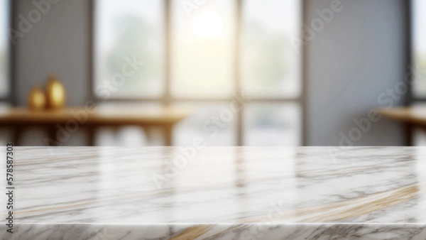 Fototapeta Empty white marble counter top table modern kitchen for display over bright luxury room background