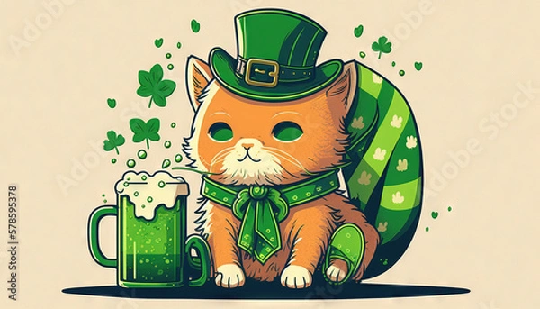 Fototapeta St. Patrick's Day celebration background. Leprechaun cat in the green hat with pint of green beer Generative ai
