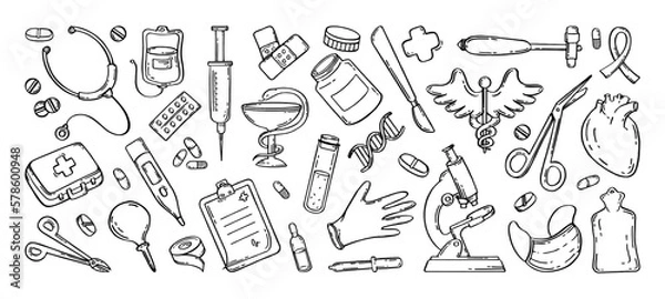 Obraz Medical pharmaceutical hospital device set of drawings. Vector illustration of medical equipment, hand drawn
