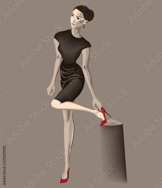 Obraz vector illustration of a beautiful young woman in little black dress and red shoes with high hills, elegant lady, isolated on the neutral background.