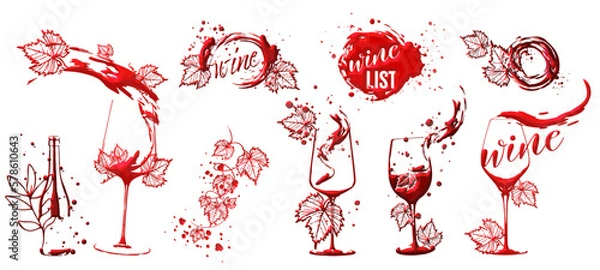 Obraz WINE LIST template - Hand drawn elements. Wine design collection for flyers, brochures, invitation cards, advertising banners and menus. Wine stains and sketch vector illustration. Brilliant colors.