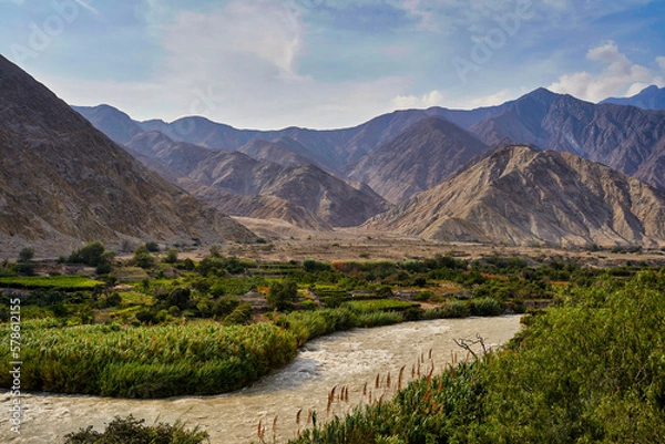Fototapeta Mountain landscape with river, valley and mountains in Leh, Ladakh, India