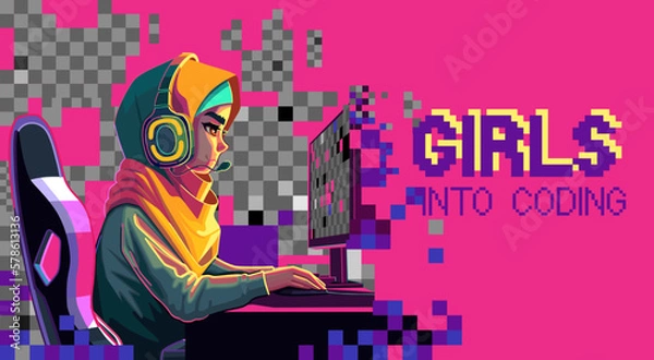 Fototapeta Girl programmer with a headset sits in front of a computer