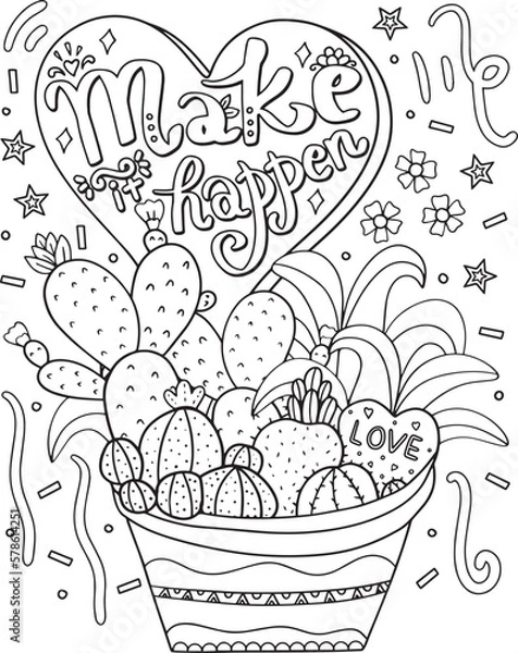 Fototapeta Make it happen font with heart and cute cactus element for Valentine's day or greeting card. Hand drawn with inspiration word. Coloring for adult and kids.

