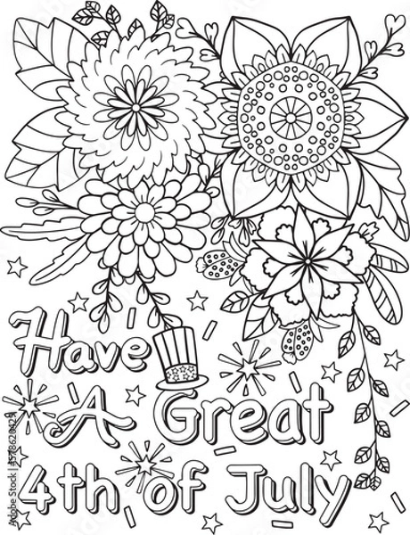 Fototapeta Hand drawn. Have a great, 4th of July. Doodles art with flower element for Independence Day or Cards. Coloring page for adult and kids. Vector Illustration
