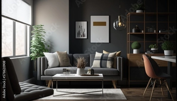 Fototapeta Modern living room with sofa. Empty wall. Interior design. Generative AI