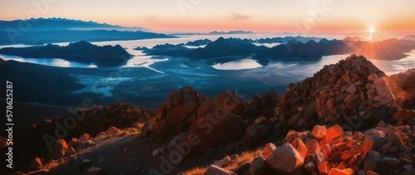 Fototapeta Beautiful picturesque landscape of a mountain range at dawn. Generative AI.