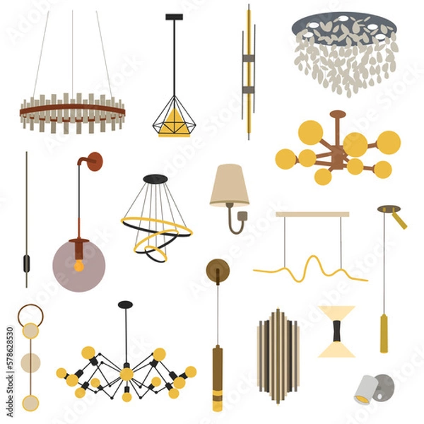 Obraz Big collection with chandeliers and lamps in flat  style isolated on white background. Chandeliers, illuminator, flashlight - elements of a modern interior concept. Vector
