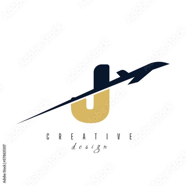 Fototapeta letter J with plane logo vector template. logo for travel label, tourism, journey posters, airways identity, and tech transportation