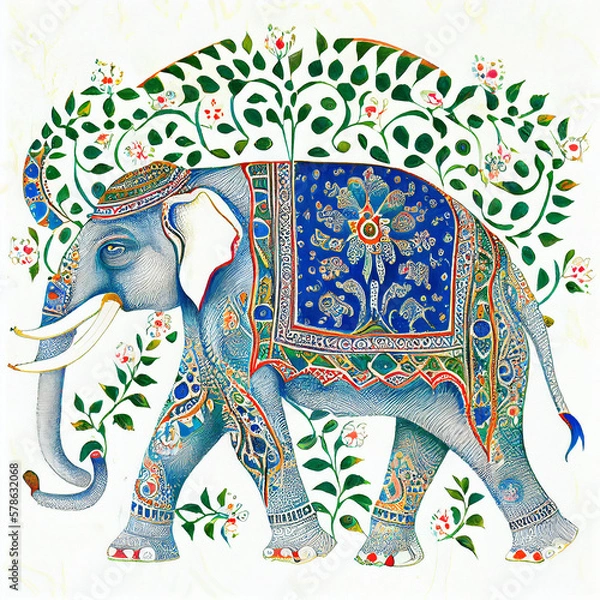 Fototapeta pattern Mughal peacock elephant painting on white background with AI Generative Technology