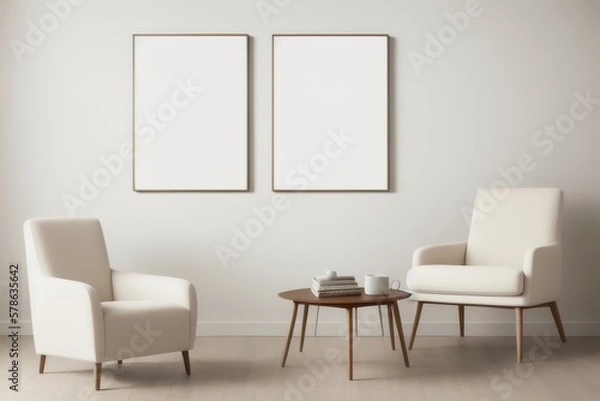 Fototapeta Blank picture frame mockup on desk. Scandinavian minimalist style. Interior items. Armchairs against the wall.  Generative AI.