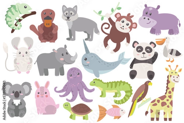 Fototapeta Zoo animals set icons concept without people scene in the flat cartoon design. Image of different animals which we can see in zoo. Vector illustration.
