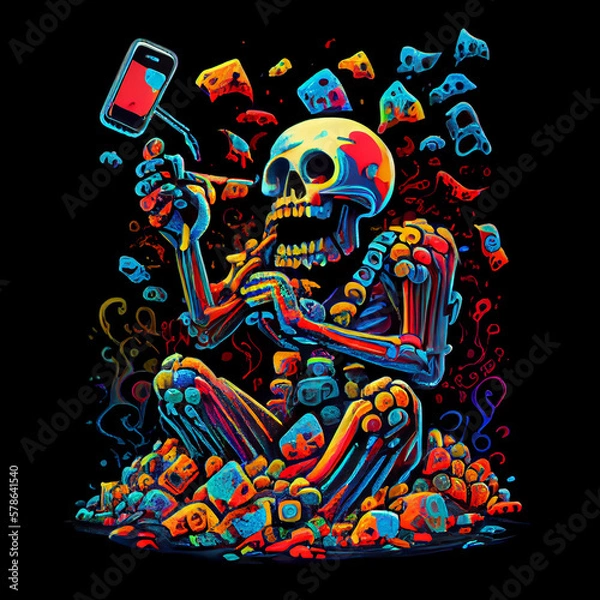 Fototapeta Happy skeleton taking selfie with smartphone. AI generative.