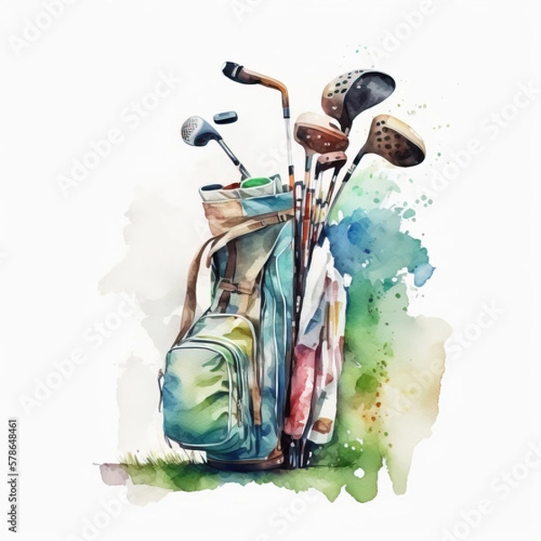 Fototapeta Watercolor of vintage golf bag on white background created with Generative AI technology