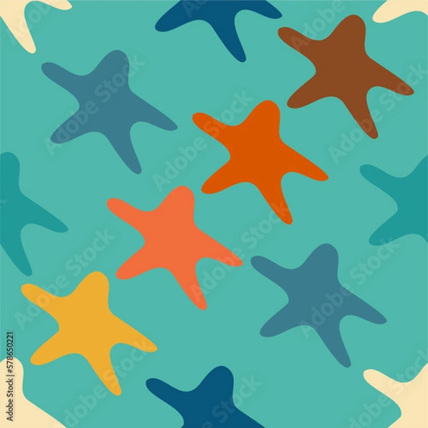 Fototapeta Pattern. Pointed shining stars composition, pop art groovy ornament 70s flat star for print, vector illustration. Design for paper, print, fabric, wallpaper, packaging, textile