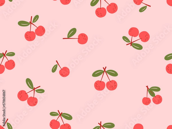Fototapeta Seamless pattern with cherries, green leaves on pink background vector illustration.