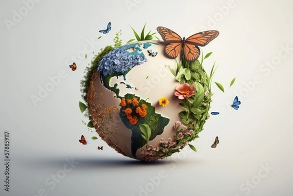 Fototapeta Earth day background with flowers and butterfly, World environment day concept. Generative Ai