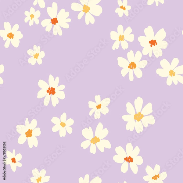 Obraz Seamless floral pattern, trendy ditsy print with cute white chamomiles. Spring botanical design: pretty hand drawn flowers buds in an abstract arrangement on a lilac background. Vector illustration.