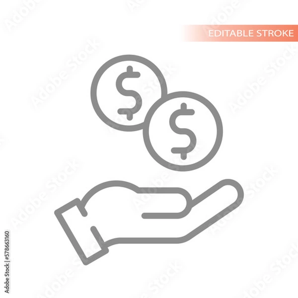 Fototapeta Money dollar coin and hand icon. Simple line vector symbol.