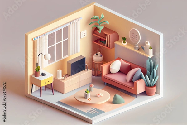 Fototapeta Generative AI 3d of a miniature isometric dining room in a box cutout on a white background
