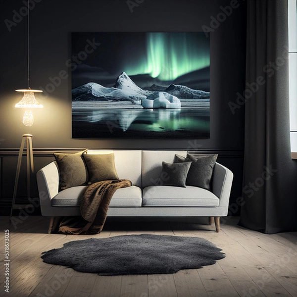 Fototapeta A peaceful living room and a framed view of the aurora borealis behind it. Generative AI