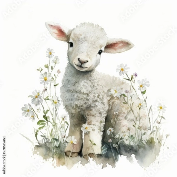 Fototapeta Little Lamb Sitting Among White Springtime Flowers, Watercolor Style Illustration [Generative AI]