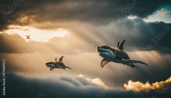 Fototapeta Sharks Flying Through the Clouds at golden hour. Bright sunlight and blue sky. Generative AI.