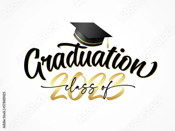 Fototapeta Graduation class of 2023 with square academic cap. 2023 Congratulation Graduate, elegant lettering on on a white background. Vector illustration