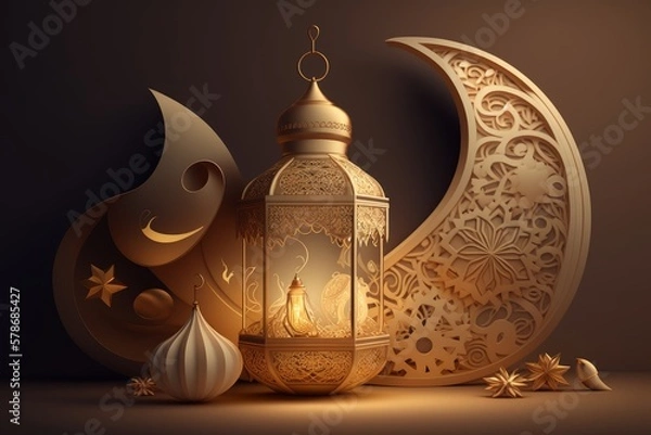 Fototapeta Generative AI of Ramadan Kareem background with golden lantern and crescent moon