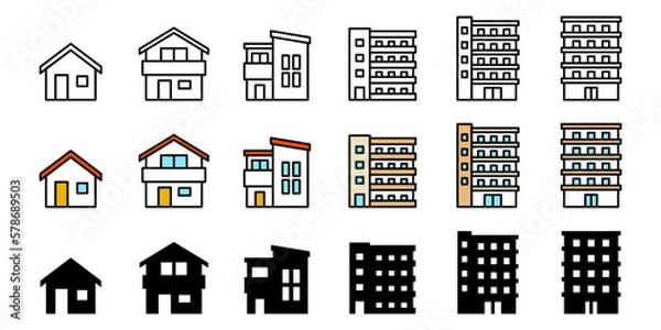 Obraz マンションと一戸建ての比較用素材、賃貸とマイホームのベクターアイコンイラスト素材