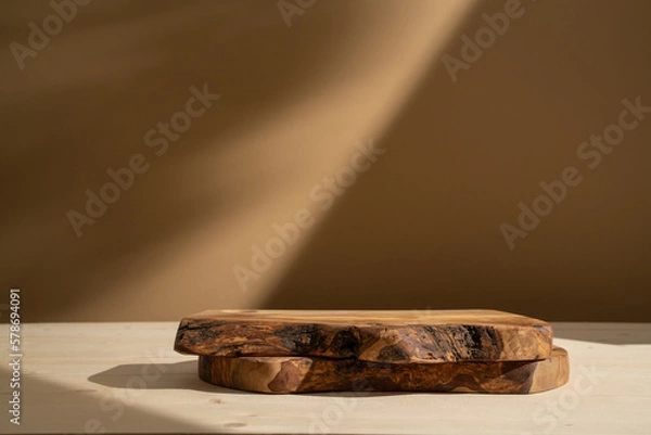 Fototapeta Background for products, food or comsetics. Rustic wood board podium product stage presentation. Front view.	