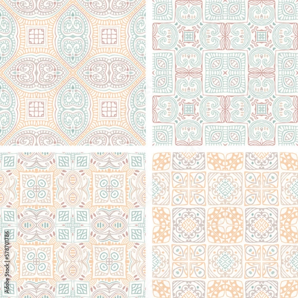 Fototapeta Decorative Abstract seamless patterns in soft colors, elegant vector background tiles For fabrics, clothing, decoration, home decor, cards and templates, wrapping paper, kids prints.