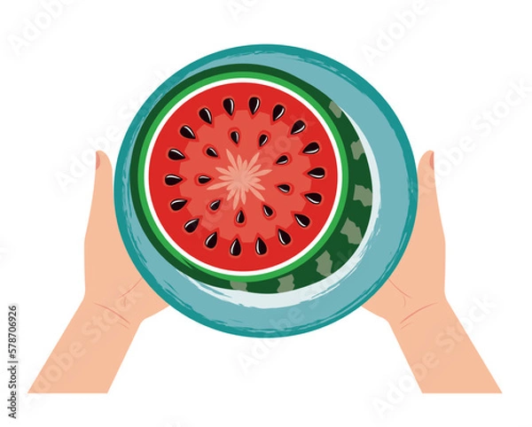 Obraz Hands holding a dish of half a watermelon. Vector illustration on white background.