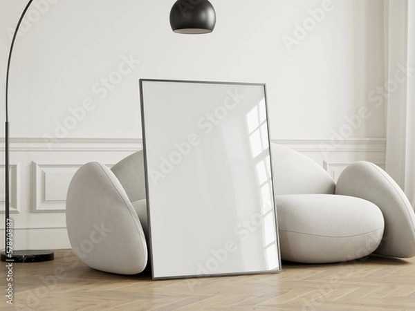 Fototapeta Vertical frame mockup with white sofa in a modern interior room, 3d render