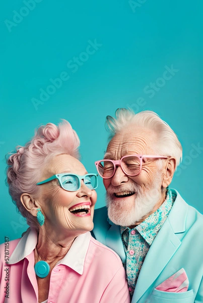 Fototapeta Cheerful senior Caucasian couple in colorful extravagant outfits and glasses with gray hair smiling against turquoise background. Generative AI.