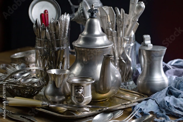 Fototapeta Silverware on an old background.