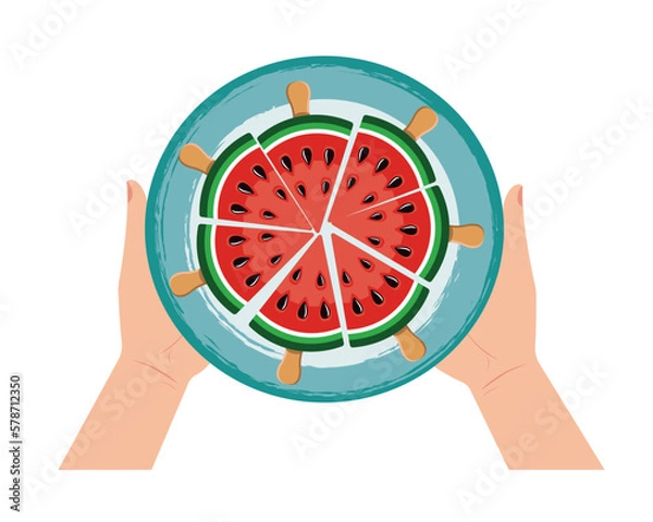 Obraz Hands holding a dish with pieces of watermelon on a stick. Vector illustration on white background.