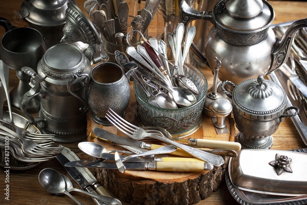Fototapeta Silverware on an old background.