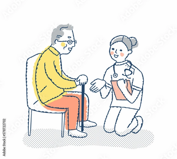 Obraz シニア男性としゃがんで話す医療従事者