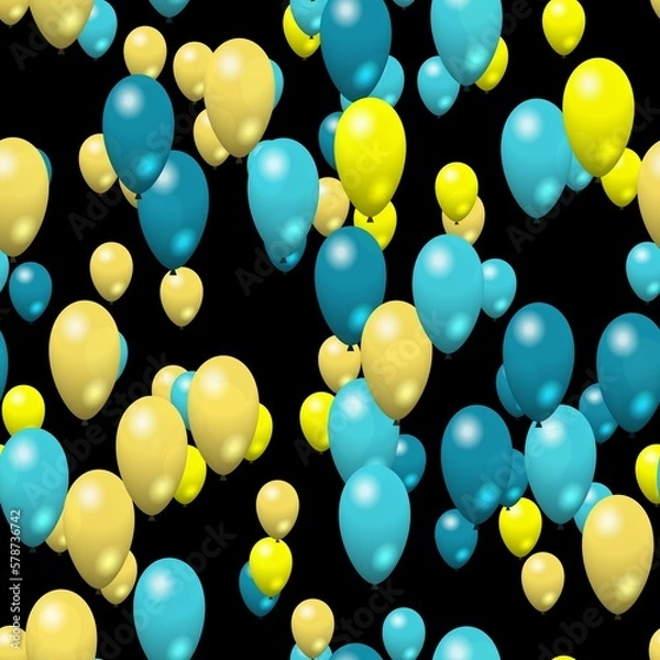 Fototapeta Blue and yellow air party balloons on black background seamless pattern tile