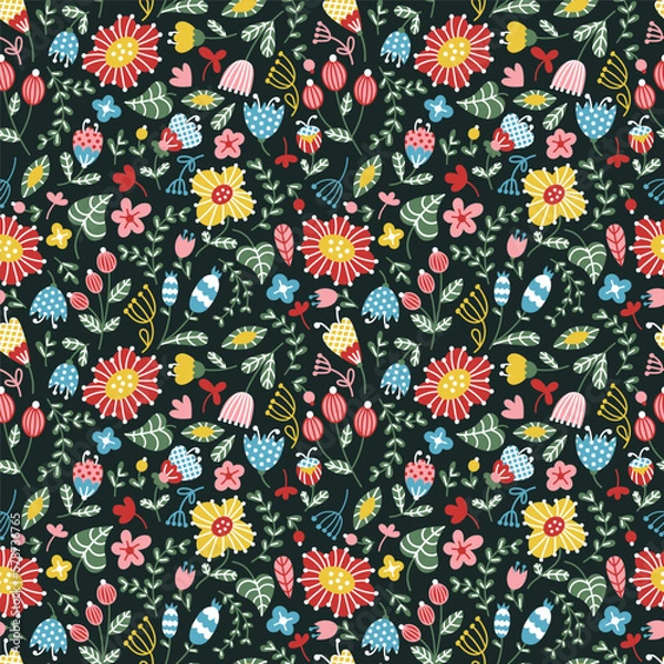 Fototapeta A pattern with bright abstract flowers, leaves, branches on a dark background. Vector seamless pattern in retro style for textiles, wallpaper, cover and packaging.