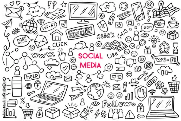 Fototapeta Set of social media doodle on white background. Social media design elements. Internet doodles. Vector illustration.