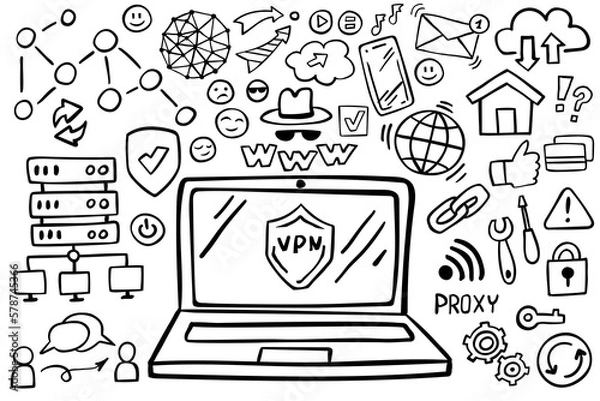 Fototapeta Set of proxy server doodle on white background. Web doodle, VPN server design elements. Internet doodles. Vector illustration.