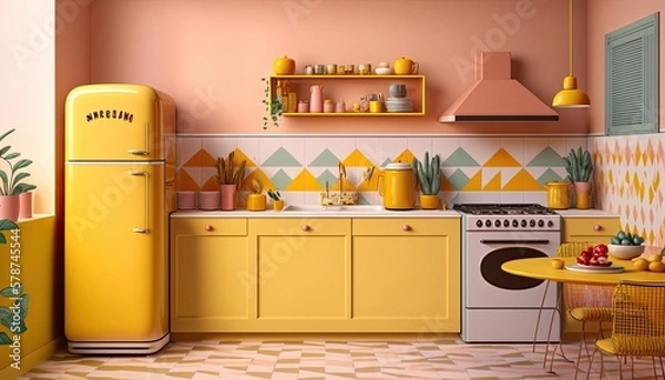Fototapeta A bright and cheerful kitchen with a retro-inspired design. The room features a colorful tiled backsplash and vintage appliances. The walls are painted in a sunny yellow color, generative ai