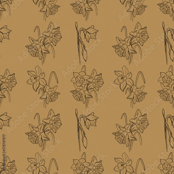 Fototapeta drawing daffodils flowers and buds seamless pattern retro