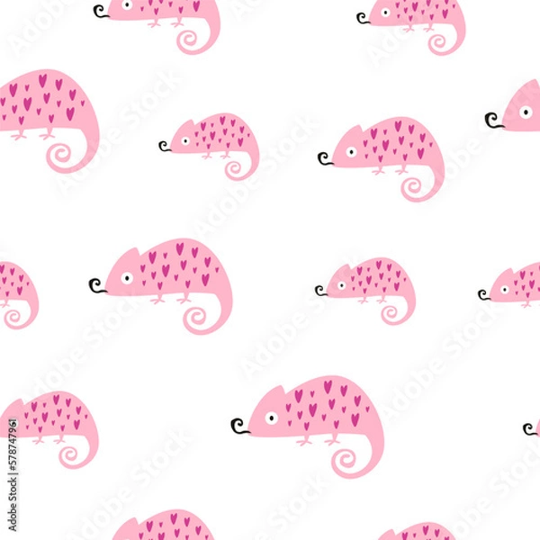 Fototapeta Seamless pattern with chameleons in hearts in modern style for prints.