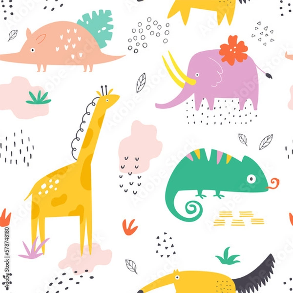 Fototapeta Seamless pattern with colorful exotic animals